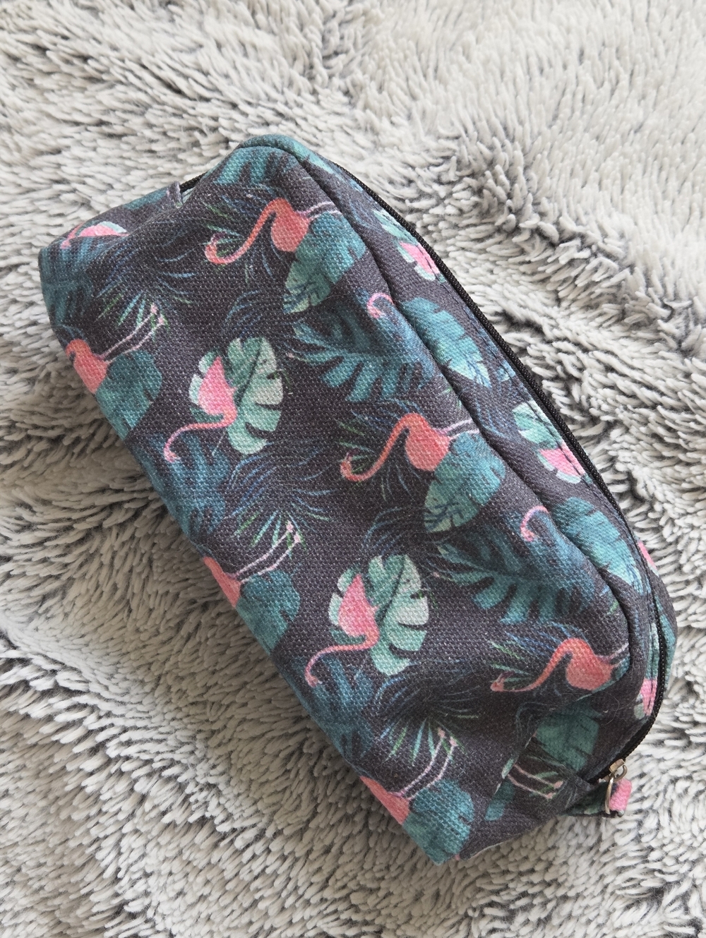 Dark Grey Pencil Case with Green Leaves and Flamingo Designs